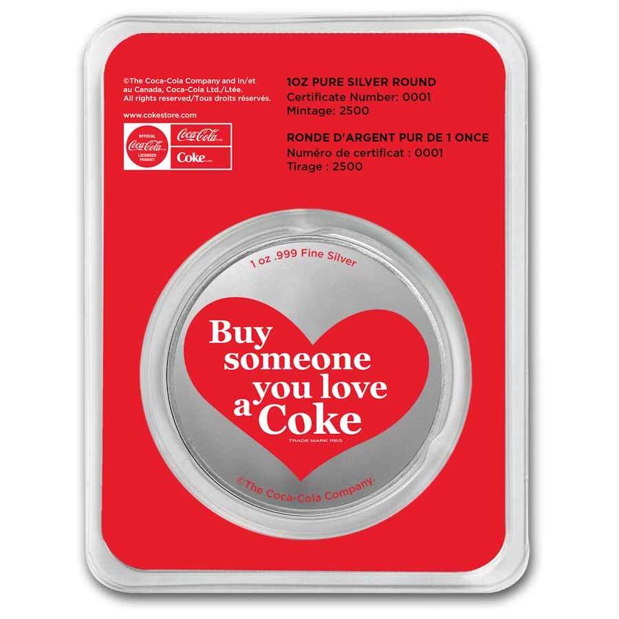Coca-Cola 1oz Silver Colorized Valentine's Round in Assay Card